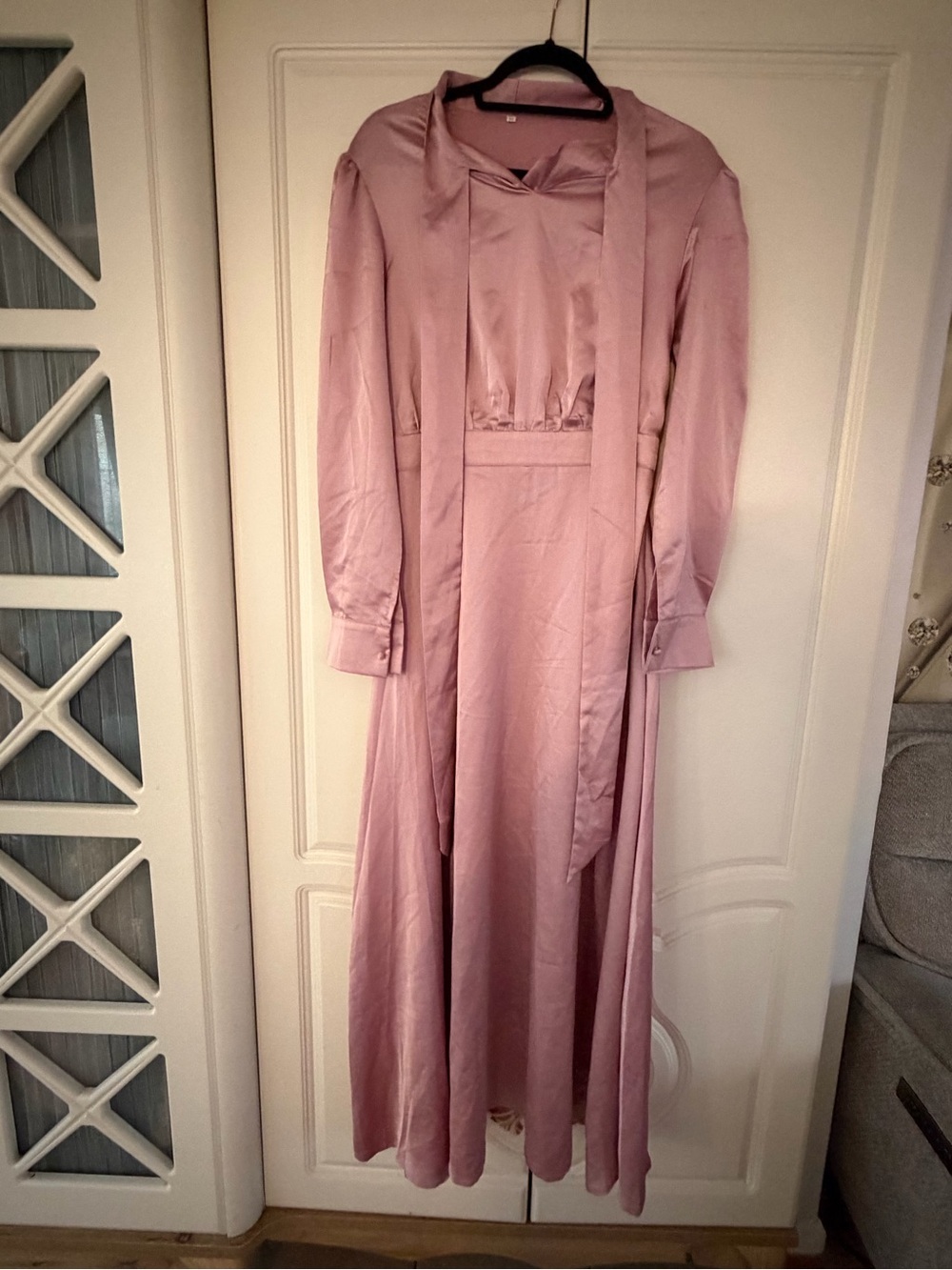 Elegant Dusty Pink Satin Long Dress with Attached Scarf